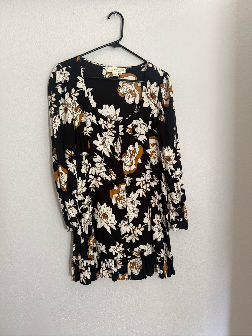 Floral Smocked Waist Long Sleeve Dress - Black/Cream/Brown